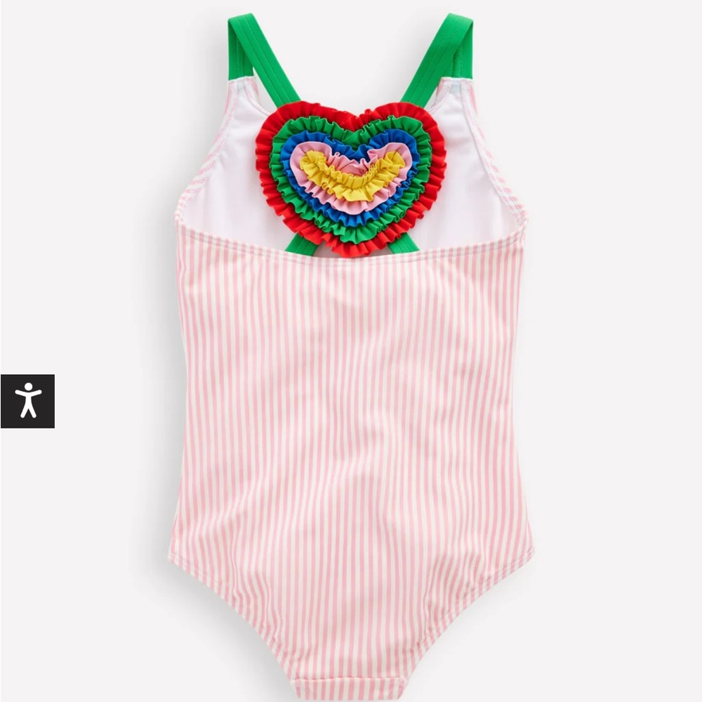 Mini Boden Pink and White Striped Swimsuit with Heart Appliqué